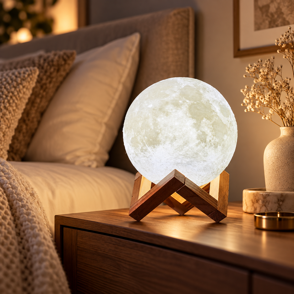Lampe de Chevet Lune 16 Couleurs - Bois de Lune | Cocon de Lune - sur une table de nuit
