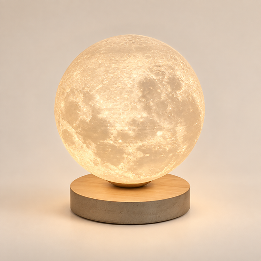 Lampe de Chevet Originale Lune 3D - Lune des Bois - Lune allumée sur socle en bois | Cocon de Lune