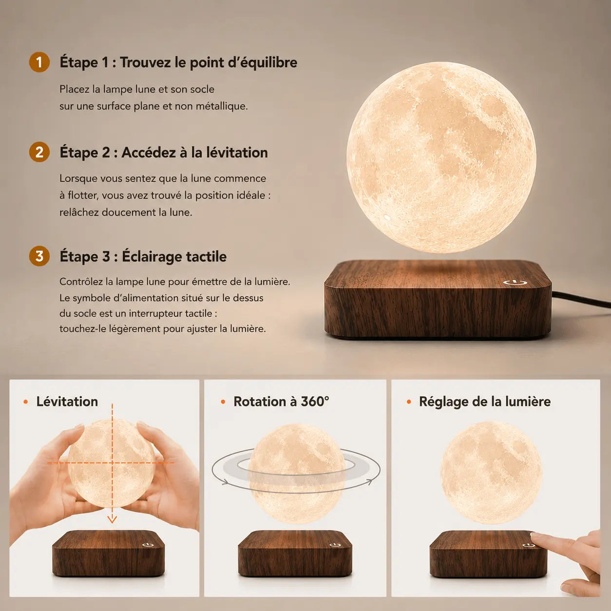 Lampe de Chevet Moderne Lune Lévitation – Lune Douce - Cocon de Lune