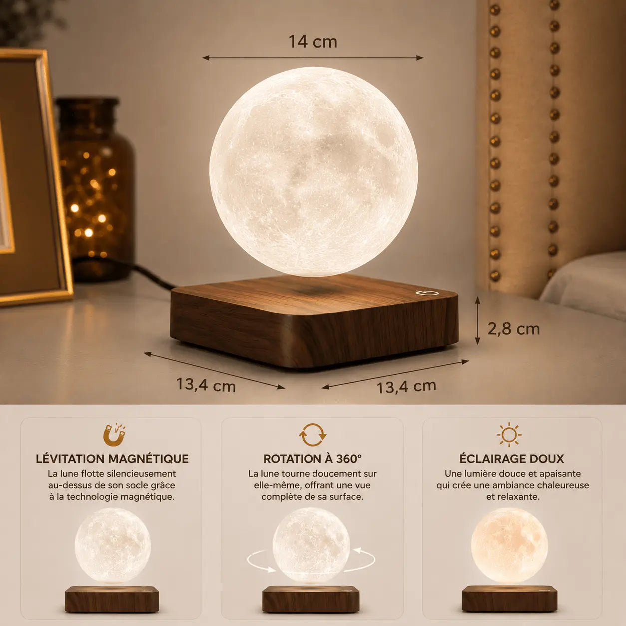 Lampe de Chevet Moderne Lune Lévitation – Lune Douce - Cocon de Lune