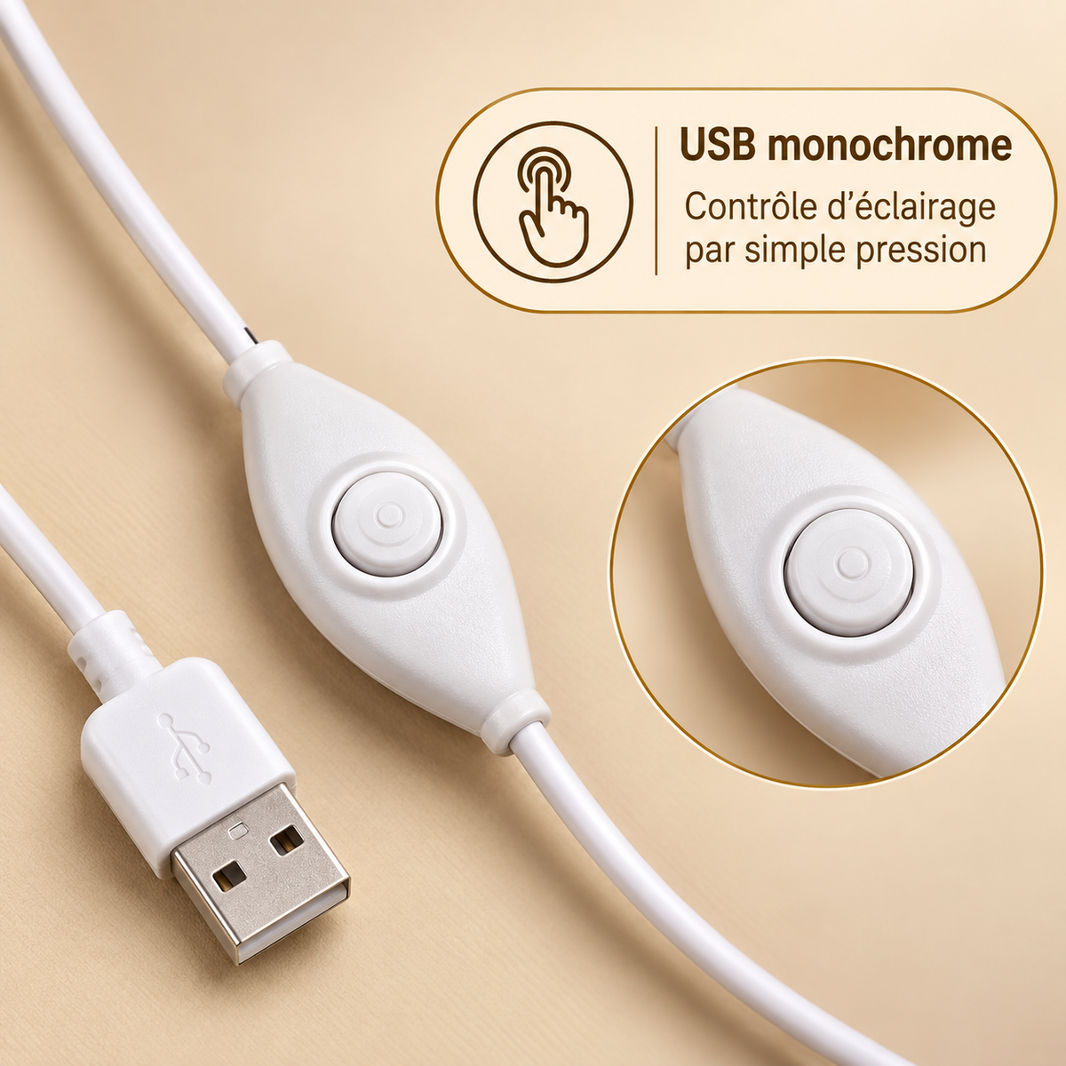 Lampe de Chevet Mosaïque Boule de Verre USB - Orbio | Cocon de Lune - câble USB blanc avec bouton à simple pression pour allumer et éteindre la lampe
