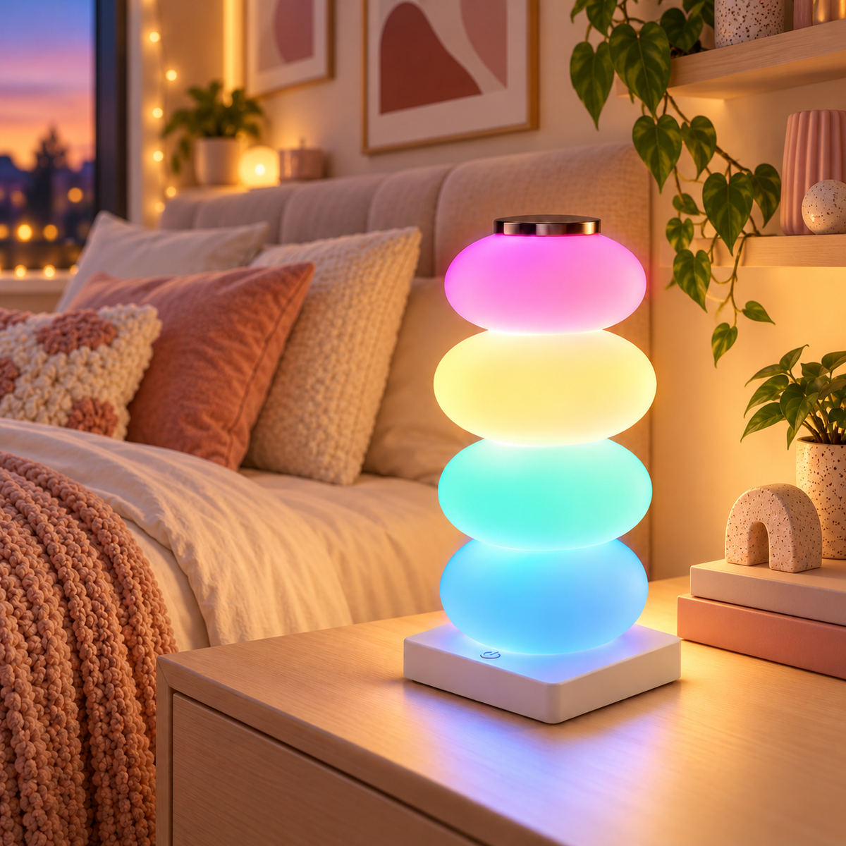 Lampe de Chevet Multicolore à Galets Empilés - NeonPop | Cocon de Lune - sur une table de chevet dans une chambre