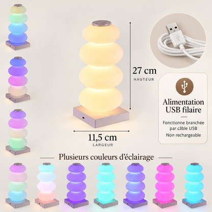 Lampe de Chevet Multicolore à Galets Empilés - NeonPop | Cocon de Lune - Filaire USB, dimensions et couleurs