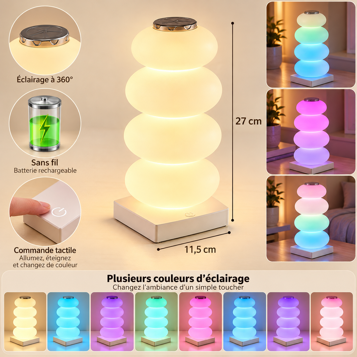 Lampe de Chevet Multicolore à Galets Empilés - NeonPop | Cocon de Lune - Rechargeable sans fil, dimensions et couleurs
