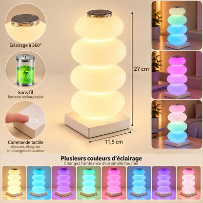 Lampe de Chevet Multicolore à Galets Empilés - NeonPop | Cocon de Lune - Rechargeable sans fil, dimensions et couleurs