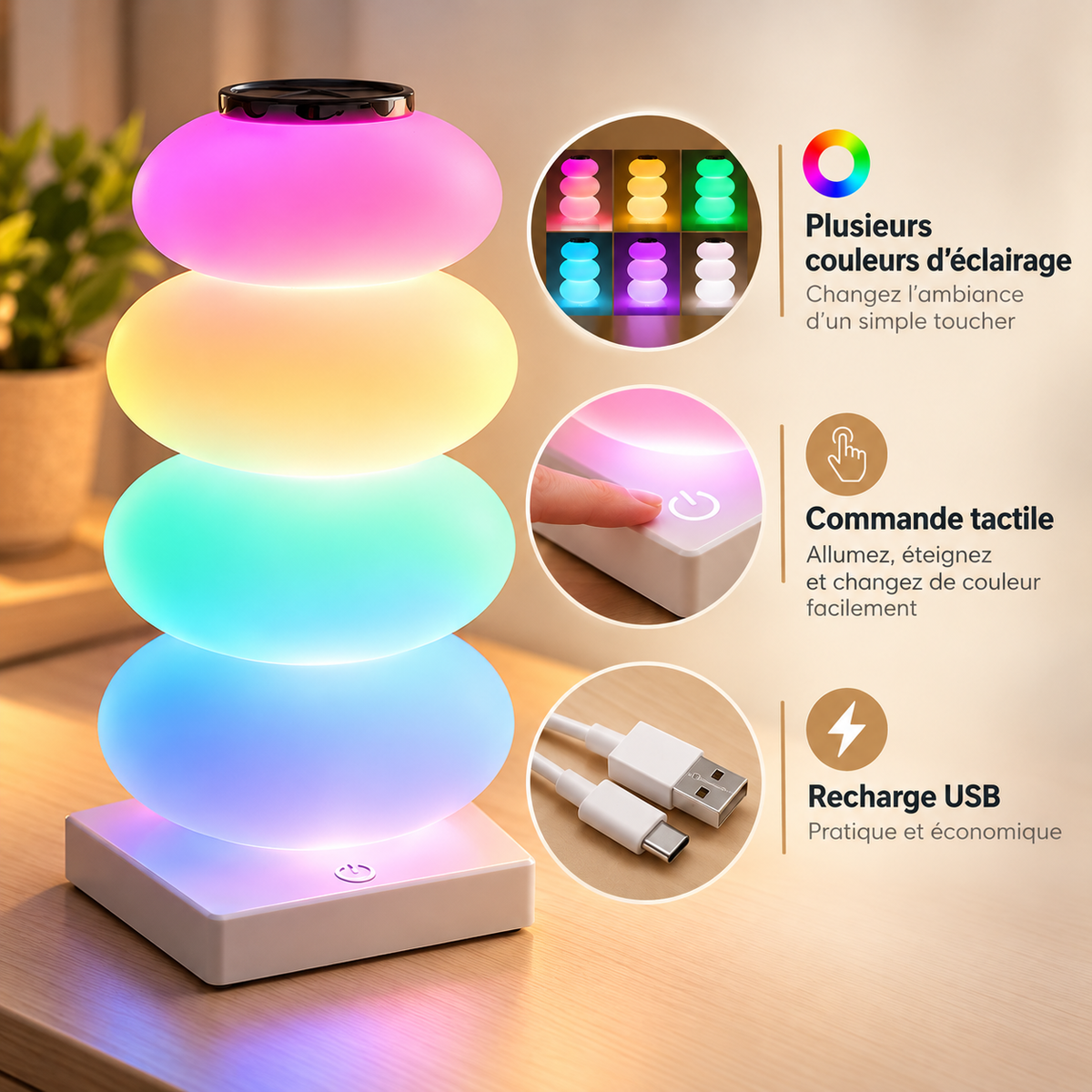 Lampe de Chevet Multicolore à Galets Empilés - NeonPop | Cocon de Lune - commande tactile et recharge USB