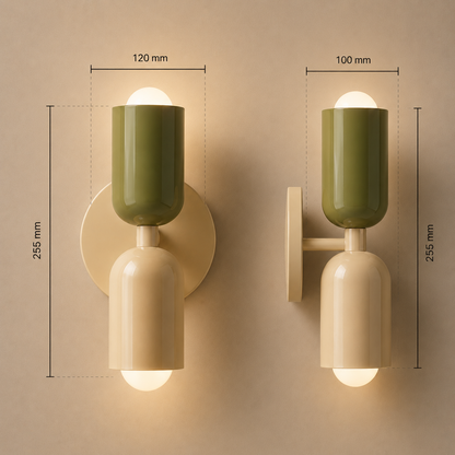 Lampe ArkaWall vert et blanc de face et de profil avec ses cotes en millimetres