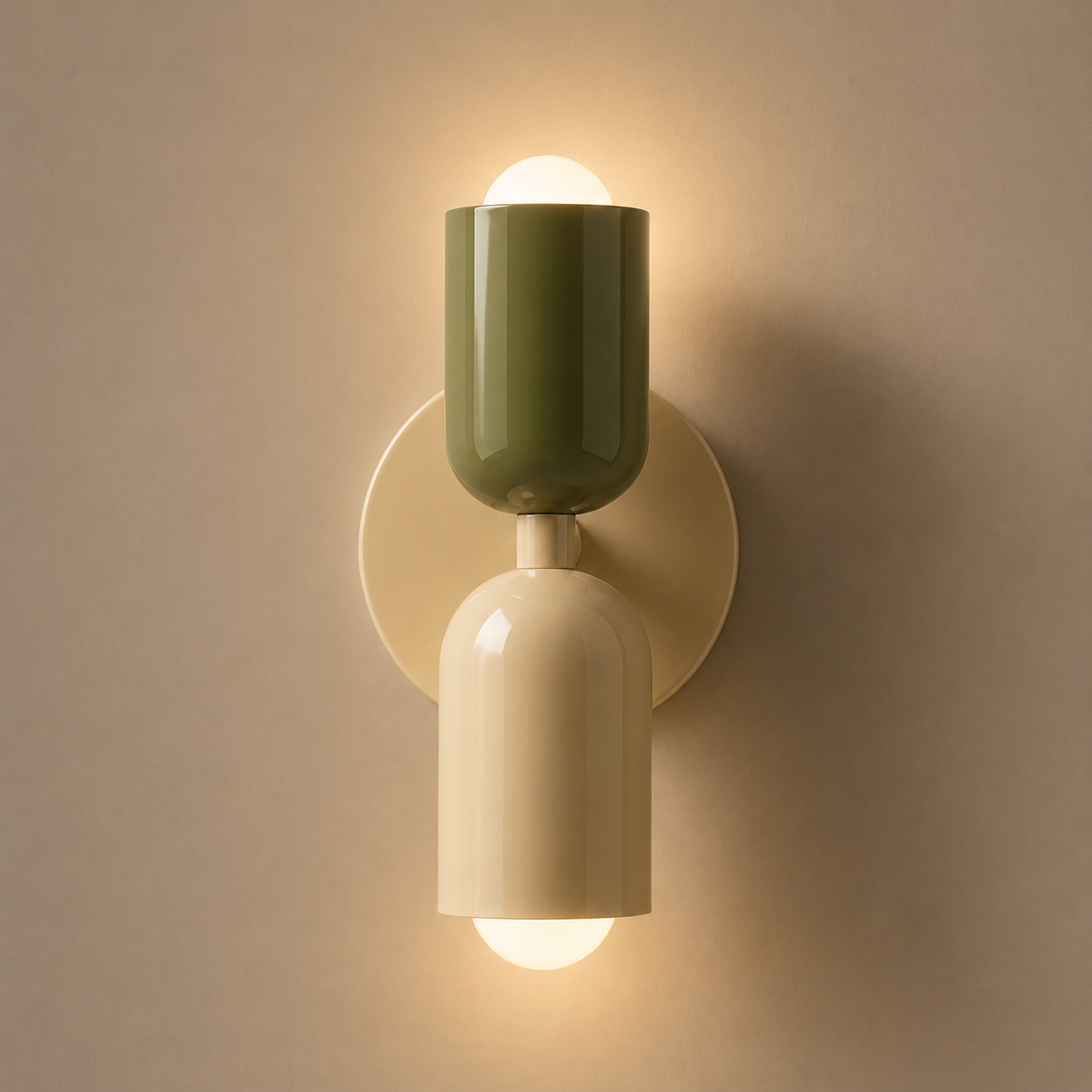 Lampe de chevet murale ArkaWall vert et blanc allumee, vue de face