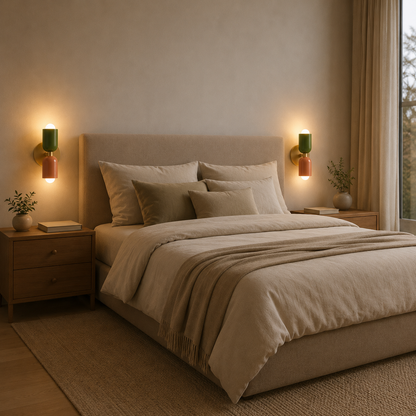 Deux appliques ArkaWall vert et rose installees de part et d autre d un lit