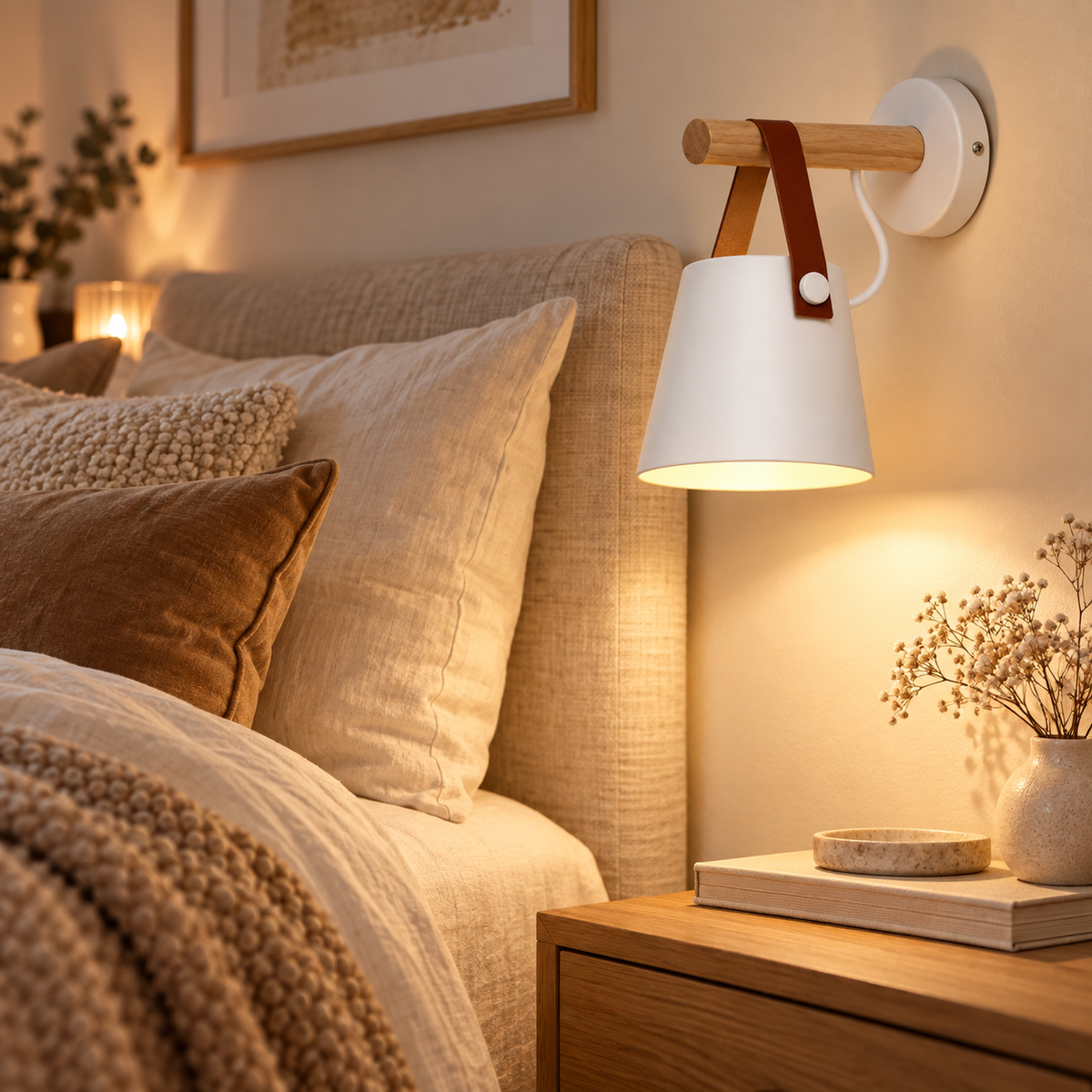Lampe de Chevet Murale en Bois et Cuir - Wallo | Cocon de Lune - Blanc au-dessus d'une table de chevet