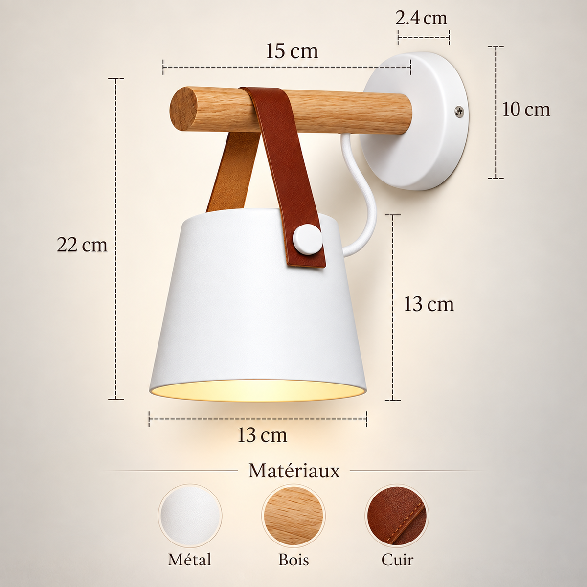 Lampe de Chevet Murale en Bois et Cuir - Wallo | Cocon de Lune - dimensions et matériaux