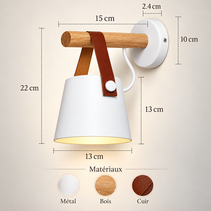 Lampe de Chevet Murale en Bois et Cuir - Wallo | Cocon de Lune - dimensions et matériaux