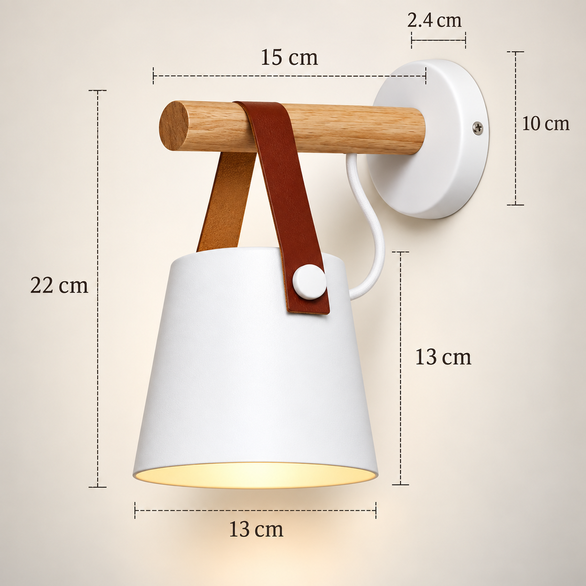 Lampe de Chevet Murale en Bois et Cuir - Wallo | Cocon de Lune - Blanc dimensions