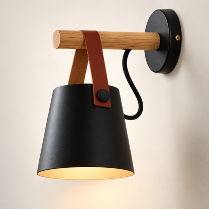 Lampe de Chevet Murale en Bois et Cuir - Wallo | Cocon de Lune - Noir
