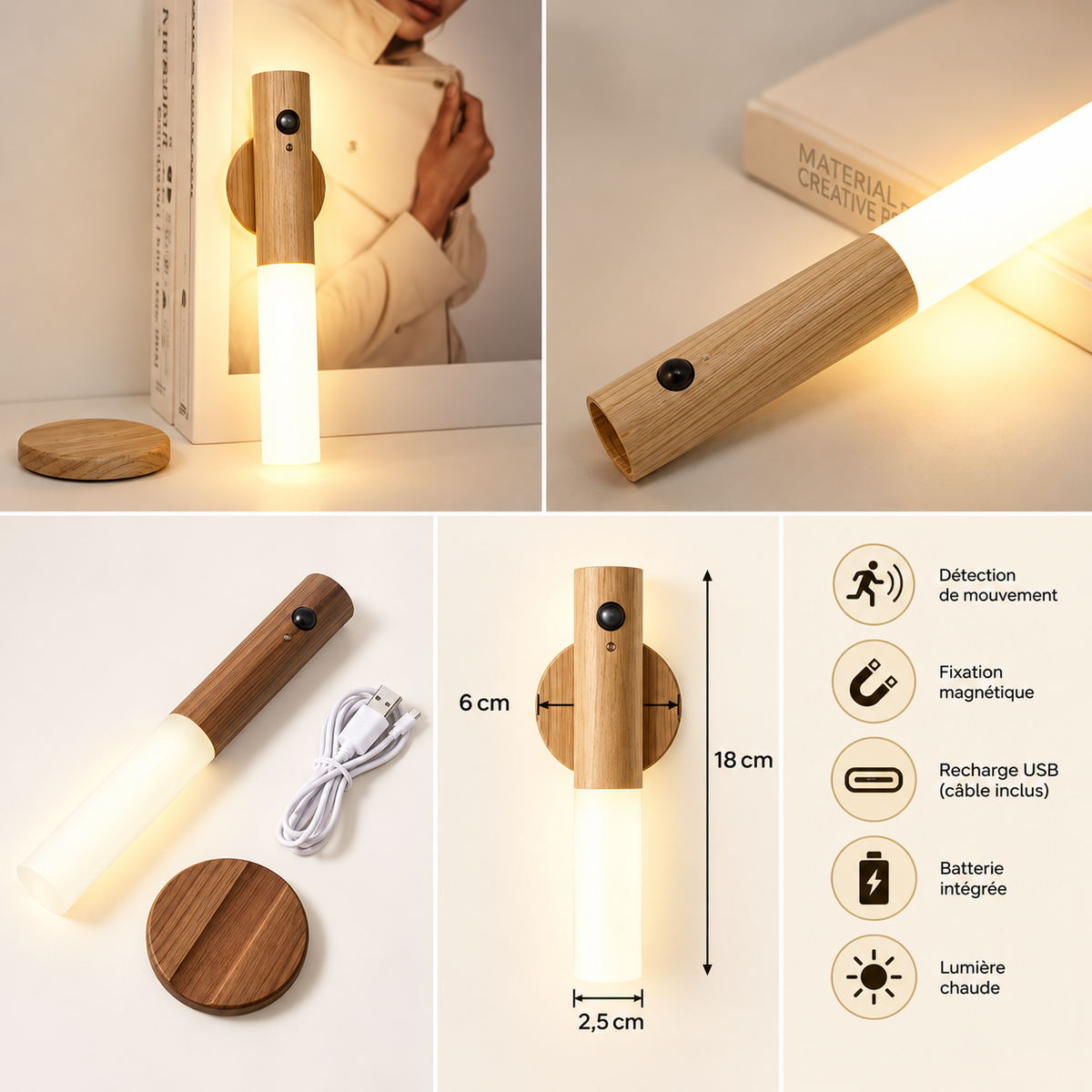 Lampe de Chevet Murale Magnétique Amovible - Brindille | Cocon de Lune - Lampe amovible et support magnétique