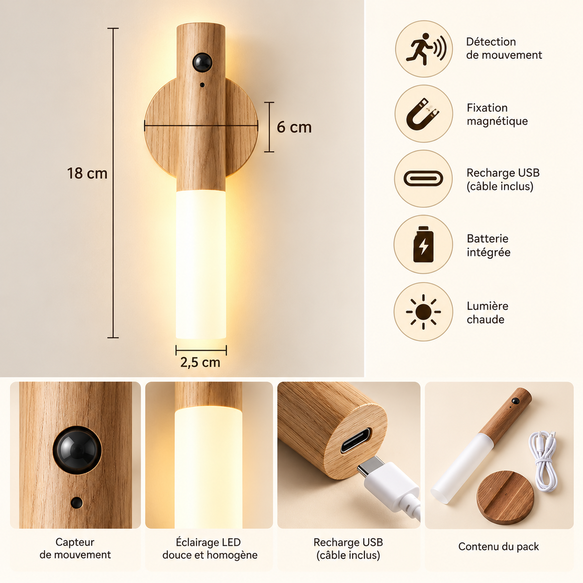 Lampe de Chevet Murale Magnétique Amovible - Brindille | Cocon de Lune - Dimensions et recharge USB-C