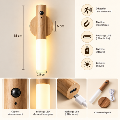 Lampe de Chevet Murale Magnétique Amovible - Brindille | Cocon de Lune - Dimensions et recharge USB-C