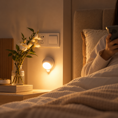 Lampe de chevet murale WallSoft allumée au mur près d'un lit et d'un vase de fleurs | Cocon de Lune