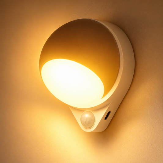 Lampe de chevet murale WallSoft à détecteur de mouvement, lumière chaude, coque blanche et tête sphérique | Cocon de Lune