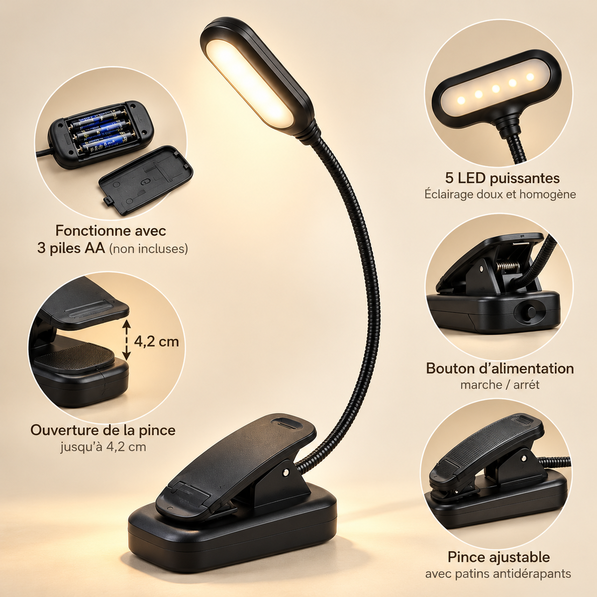 Lampe de Chevet Pince à Piles - AttacheLumière | Cocon de Lune - Piles, 5 LED et pince ajustable
