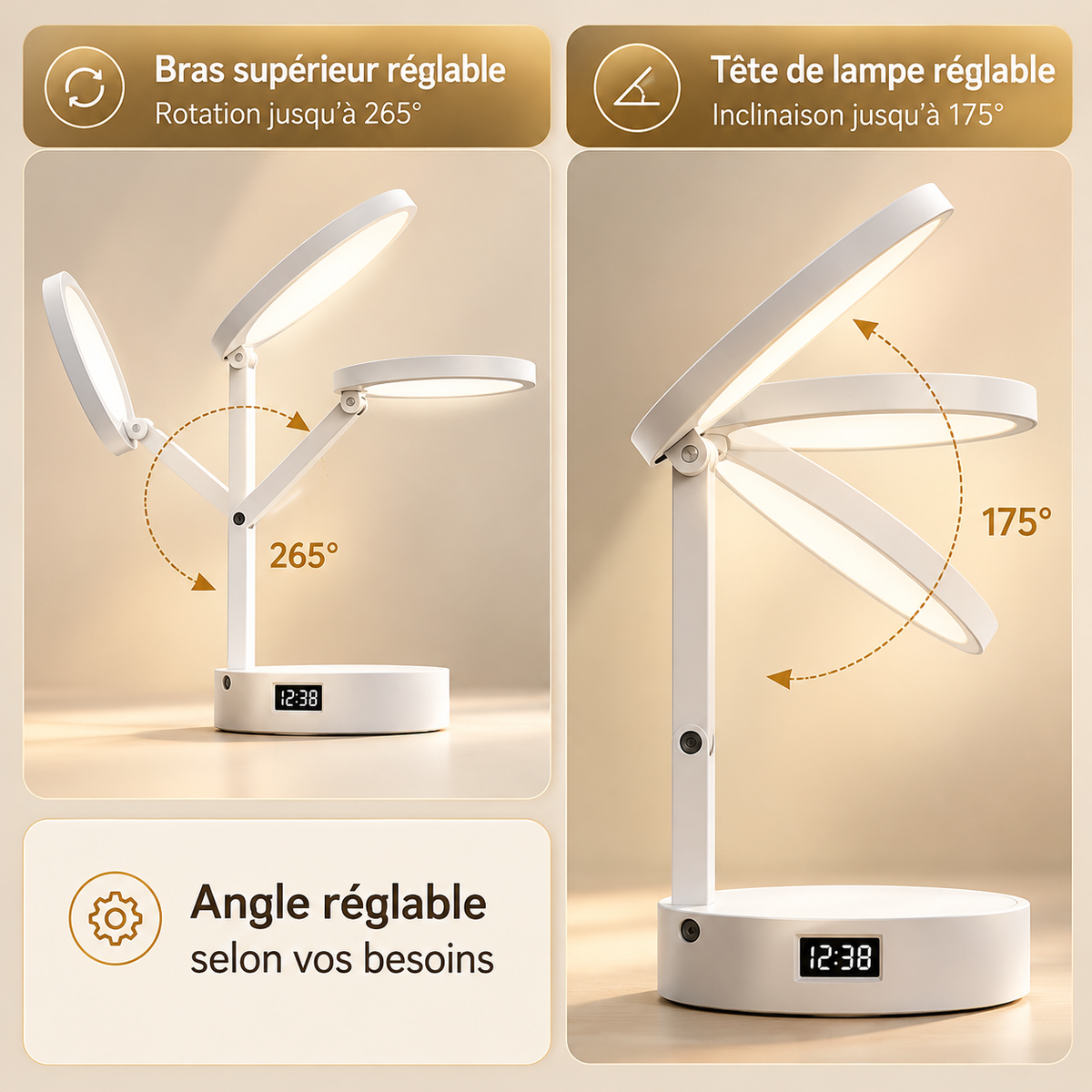 Lampe de Chevet Pliable avec Horloge - Switch | Cocon de Lune - Bras et tête orientables