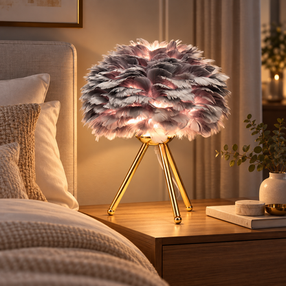 Lampe de chevet plume Modena Or Gris allumée sur une table de nuit en bois, ambiance chambre cocooning | Cocon de Lune