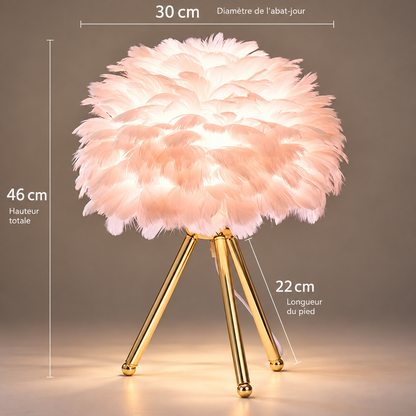 Dimensions de la lampe de chevet plume Modena : abat-jour 30 cm de diamètre, hauteur totale 46 cm, pieds 22 cm | Cocon de Lune