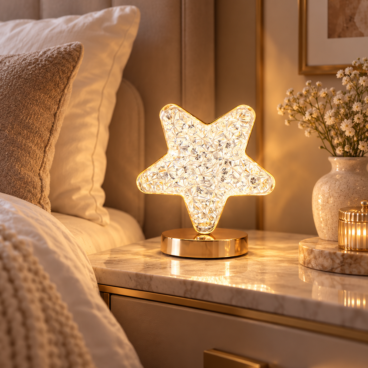 Lampe étoile Libre Lumière sur une table de nuit en marbre, lumière chaude et dorée | Cocon de Lune