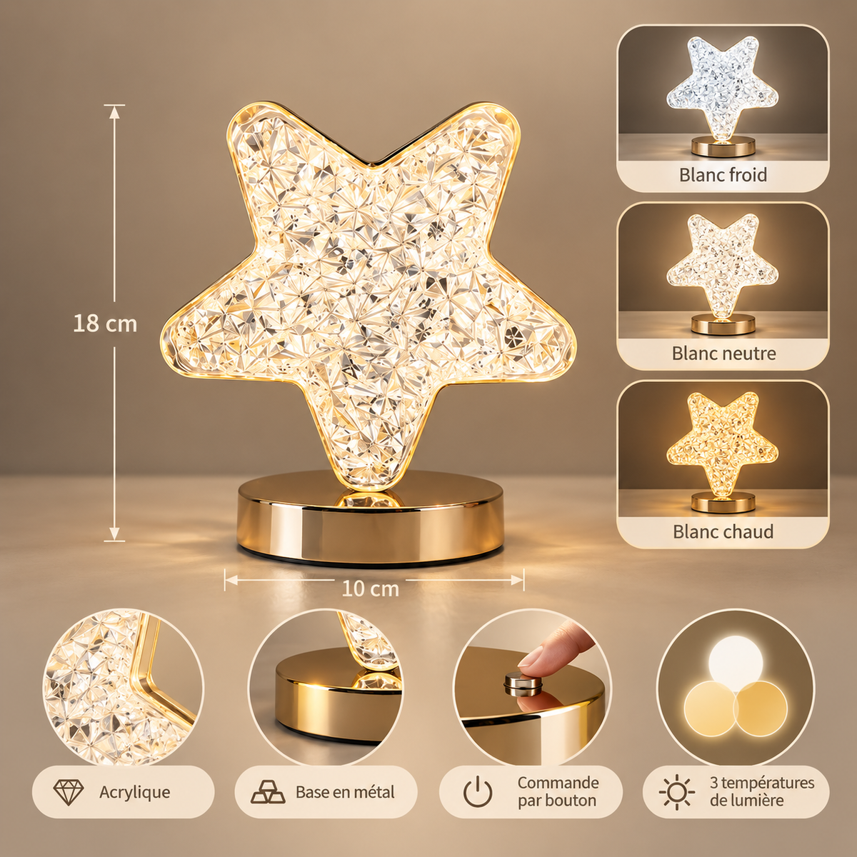 Dimensions de la lampe Libre Lumière : 18 cm de haut, 10 cm de large, blanc froid, neutre ou chaud | Cocon de Lune