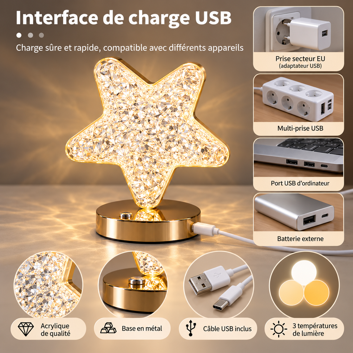 Libre Lumière rechargeable par câble USB-C inclus, sur prise secteur, ordinateur ou batterie externe | Cocon de Lune