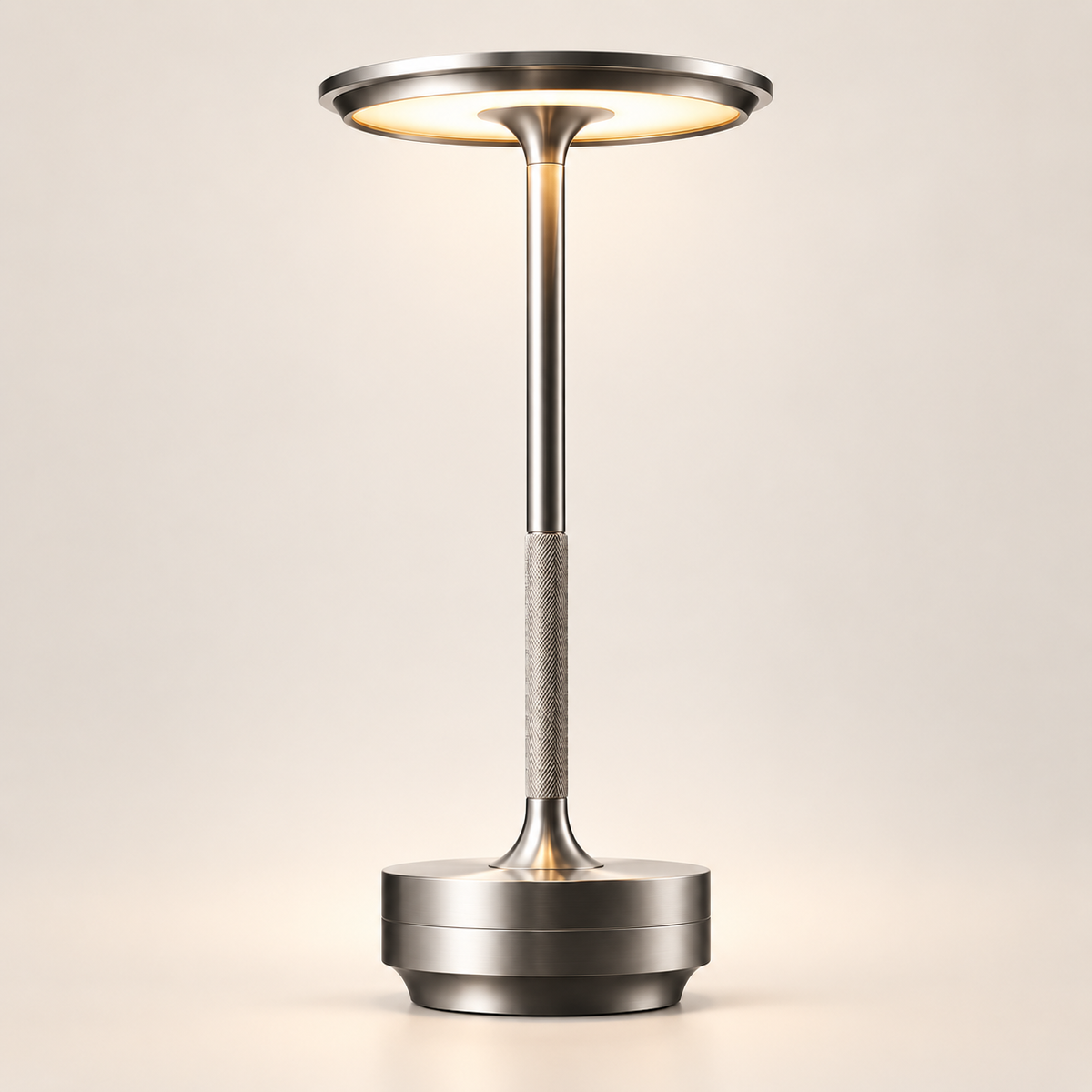 Lampe de Chevet Rechargeable Tige Moletée - LumiTouch | Cocon de Lune - Argent, disque lumineux et tige moletée en aluminium, allumée sur fond neutre