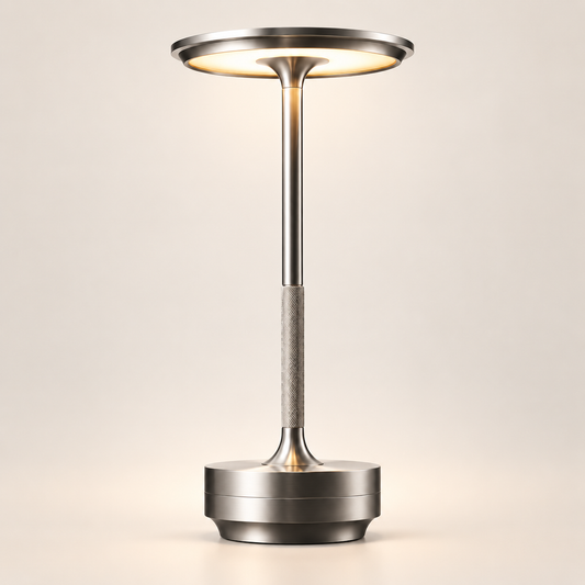 Lampe de Chevet Rechargeable Tige Moletée - LumiTouch | Cocon de Lune - Argent, disque lumineux et tige moletée en aluminium, allumée sur fond neutre