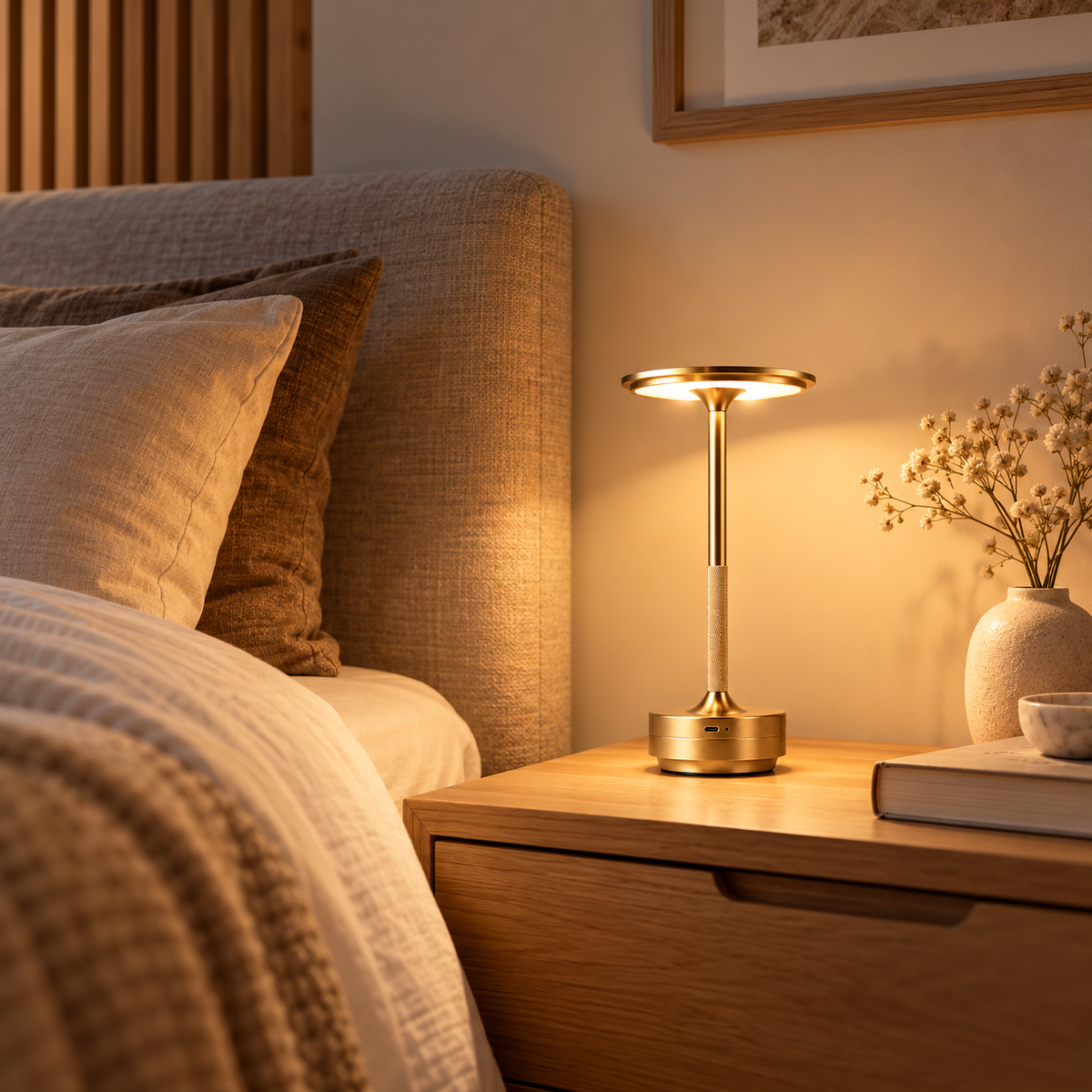 Lampe de Chevet Rechargeable Tige Moletée - LumiTouch | Cocon de Lune - Or, allumée sur une table de nuit en bois clair près d'une tête de lit en lin
