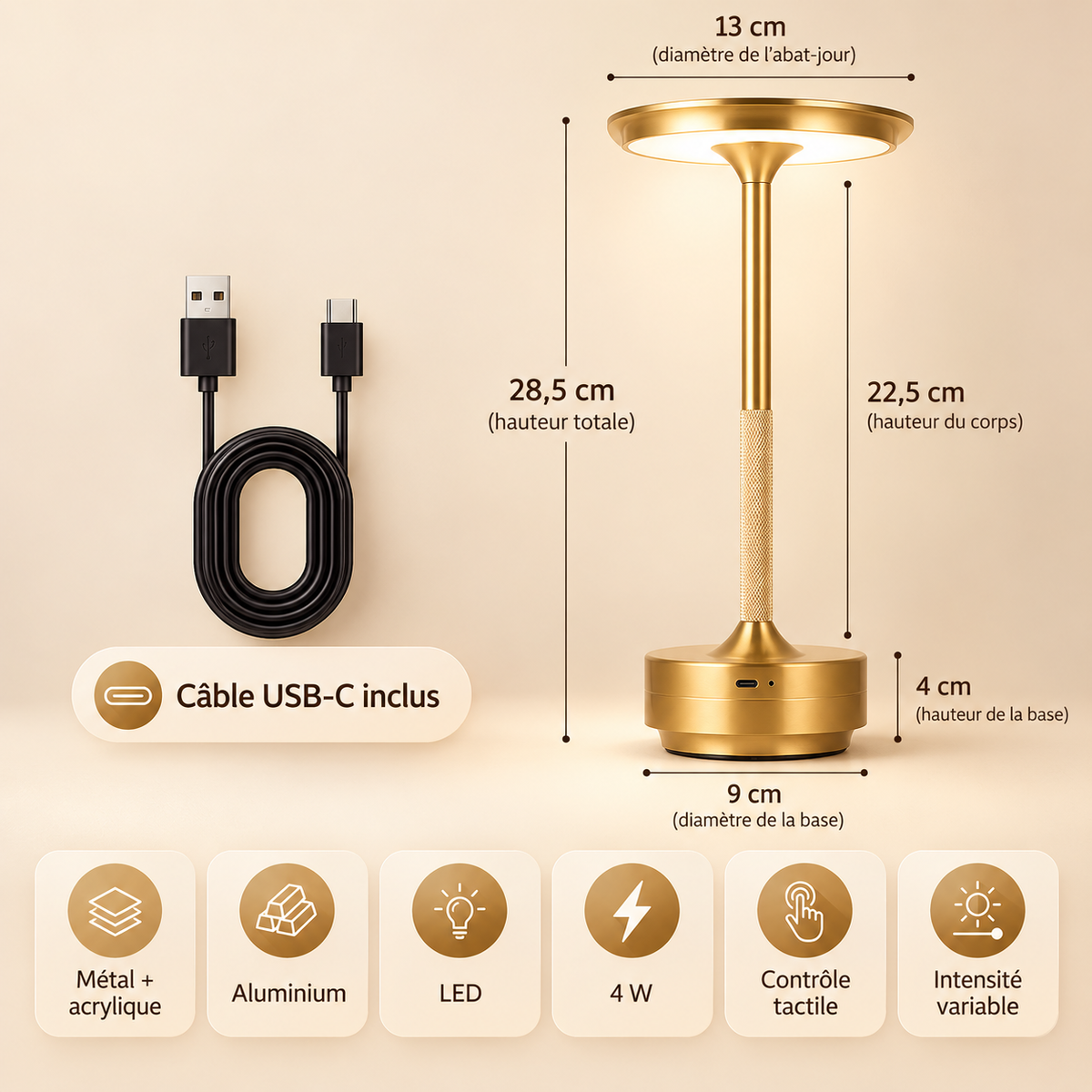 Lampe de Chevet Rechargeable Tige Moletée - LumiTouch | Cocon de Lune - dimensions 28,5 cm de haut, abat-jour de 13 cm, base de 9 cm et câble USB-C inclus