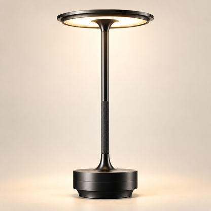 Lampe de Chevet Rechargeable Tige Moletée - LumiTouch | Cocon de Lune - Noir, disque lumineux et tige moletée, allumée sur fond neutre