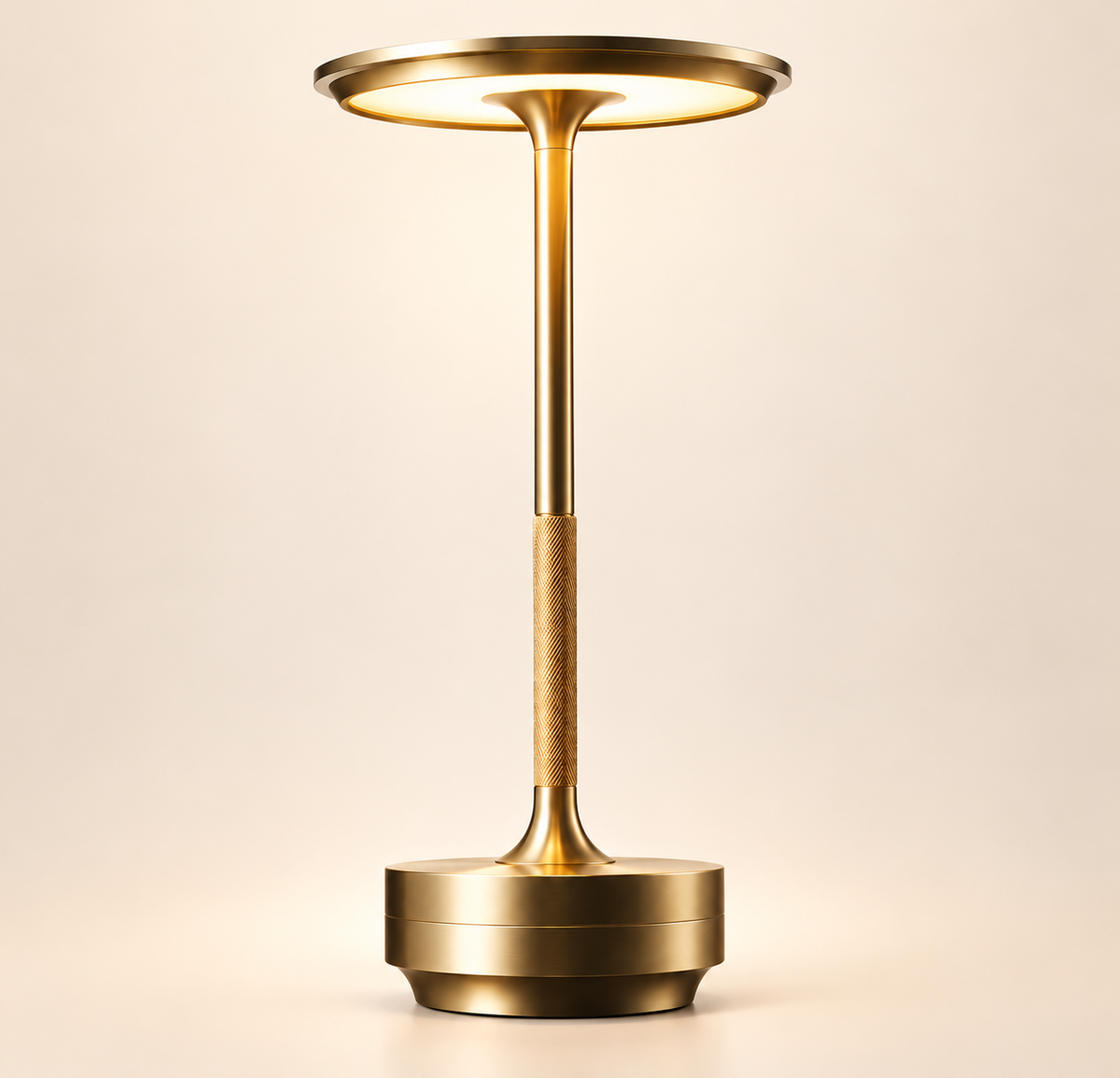 Lampe de Chevet Rechargeable Tige Moletée - LumiTouch | Cocon de Lune - Or, disque lumineux et tige moletée en aluminium doré, allumée sur fond neutre