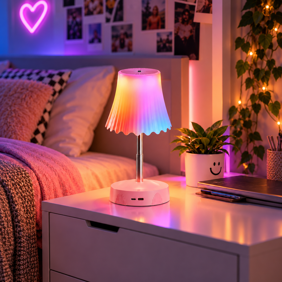 Lampe Sensor allumée en lumière RGB multicolore sur la table de nuit d'une chambre d'ado | Cocon de Lune