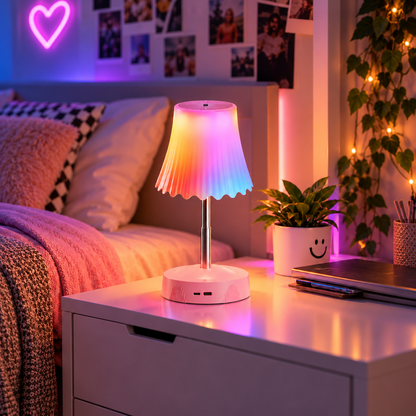 Lampe Sensor allumée en lumière RGB multicolore sur la table de nuit d'une chambre d'ado | Cocon de Lune