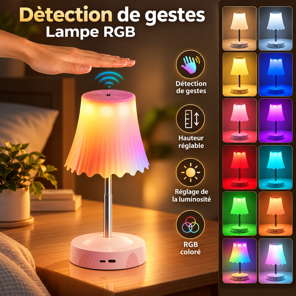 Lampe RGB Sensor à détection de gestes, main au-dessus de l'abat-jour et palette de couleurs | Cocon de Lune