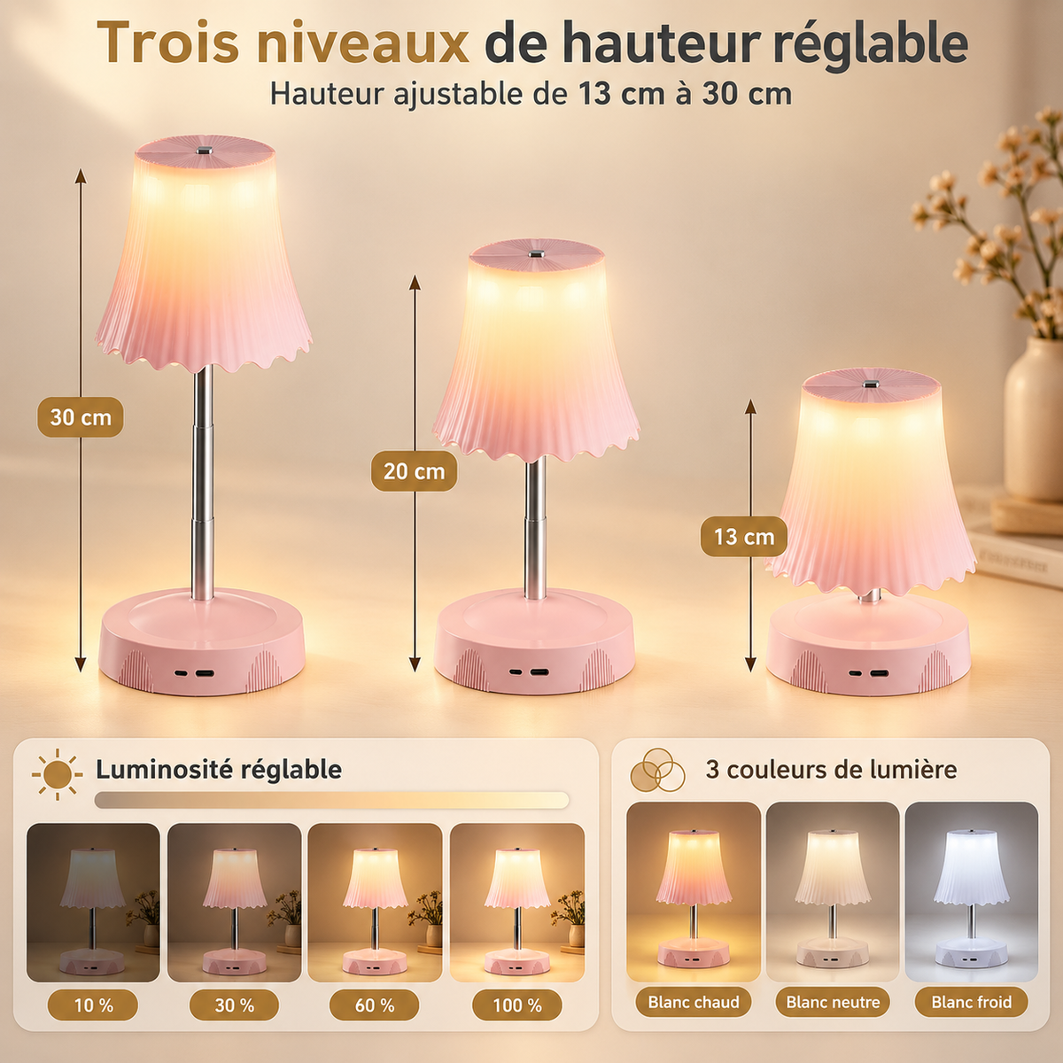 Sensor : hauteur réglable 13, 20 et 30 cm, luminosité de 10 à 100 % et 3 blancs chaud, neutre et froid | Cocon de Lune