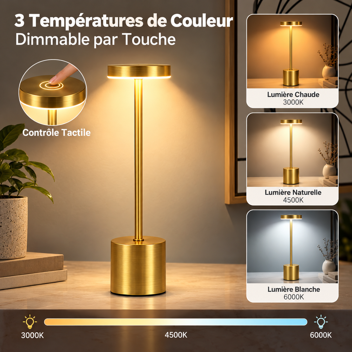Lampe de Chevet Sans Fil en Aluminium - AirGlow | Cocon de Lune - 3 températures de lumière 3000K, 4500K, 6000K