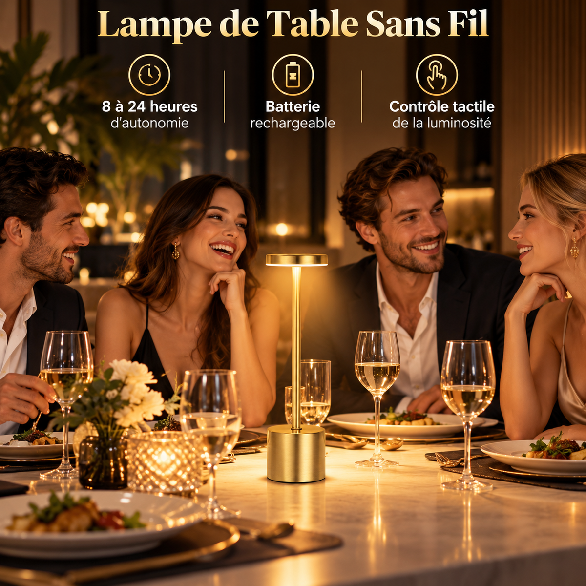 Lampe de Chevet Sans Fil en Aluminium - AirGlow | Cocon de Lune - Or, 8 à 24 h d'autonomie, batterie rechargeable et contrôle tactile