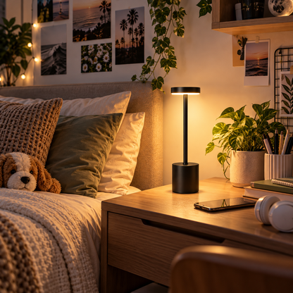 Lampe de Chevet Sans Fil en Aluminium - AirGlow | Cocon de Lune - Noir dans une chambre, sur une table de nuit