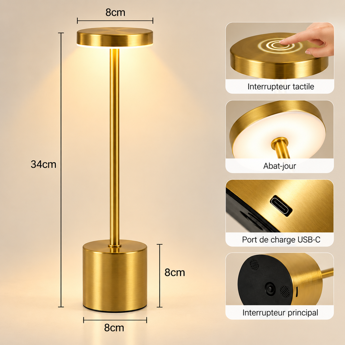 Lampe de Chevet Sans Fil en Aluminium - AirGlow | Cocon de Lune - Or, dimensions 34 cm x 8 cm, interrupteur tactile et port USB-C