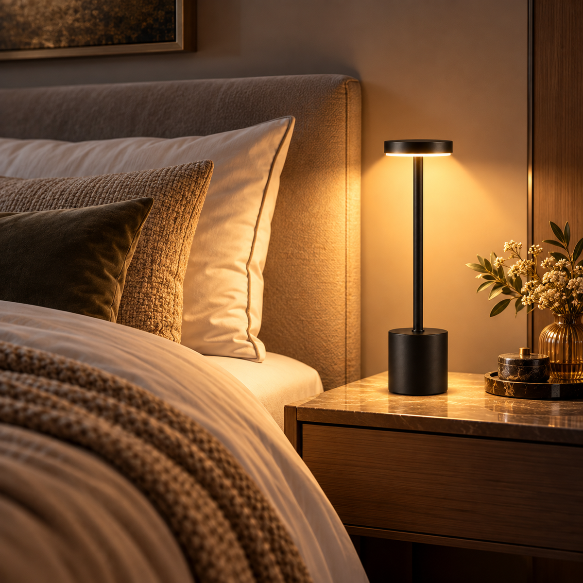 Lampe de Chevet Sans Fil en Aluminium - AirGlow | Cocon de Lune - Noir sur une table de nuit en marbre