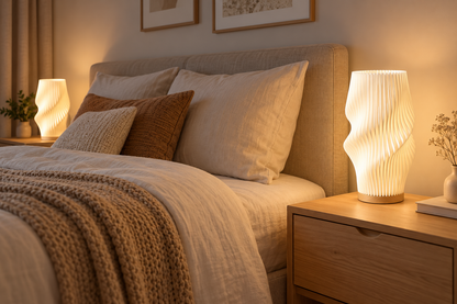 Lampes de chevet Spirale allumées sur les tables de nuit, ambiance chambre cocooning | Cocon de Lune