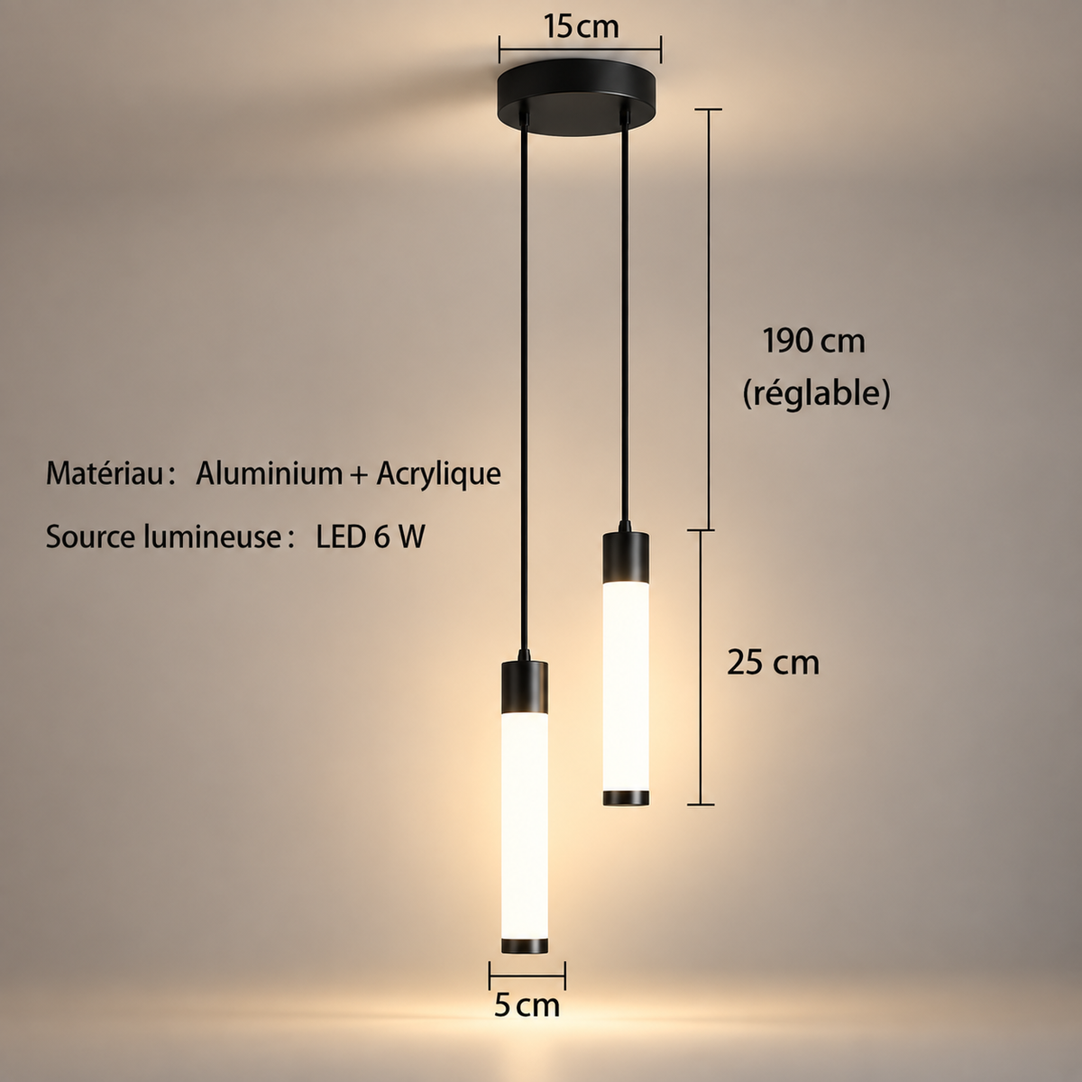 Dimensions de la Bâton Double noire : rosace 15 cm, cordon réglable 190 cm, tubes 25 x 5 cm | Cocon de Lune