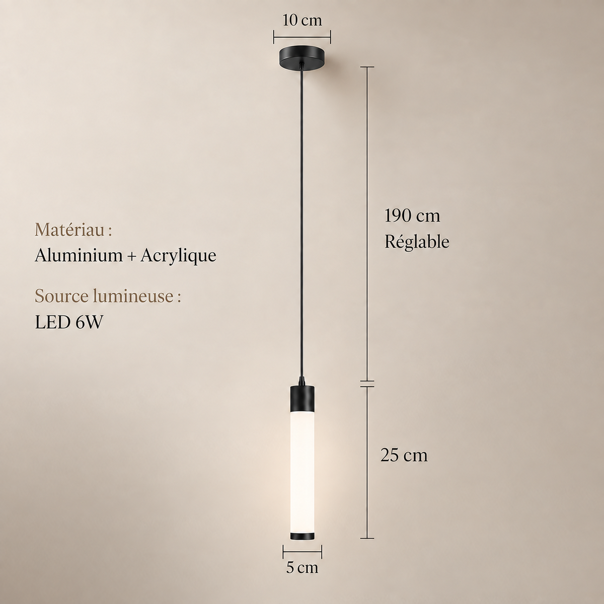 Dimensions de la Bâton Simple noire : rosace 10 cm, cordon réglable 190 cm, tube 25 x 5 cm | Cocon de Lune
