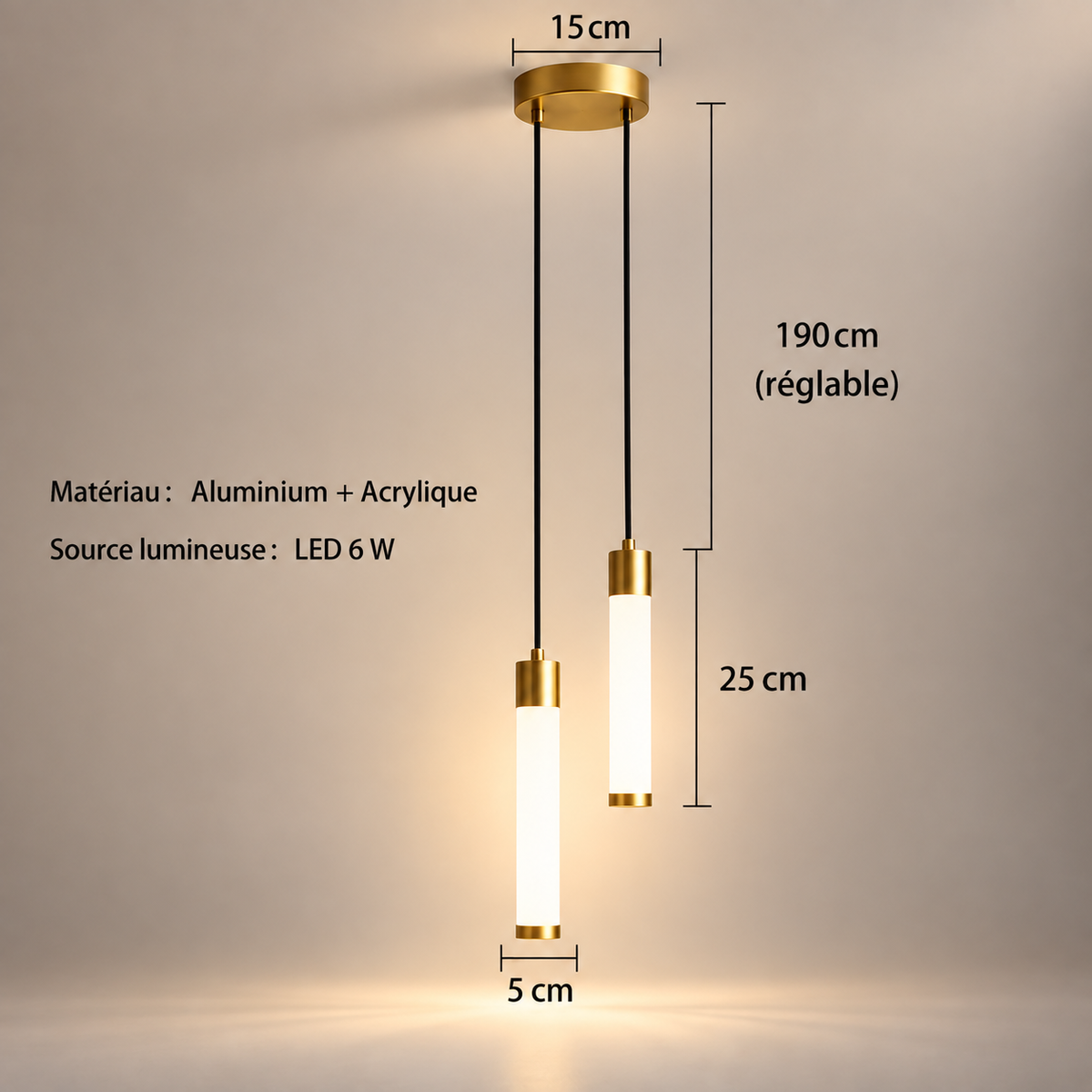 Dimensions de la Bâton Double dorée : rosace 15 cm, cordon réglable 190 cm, tubes 25 x 5 cm | Cocon de Lune