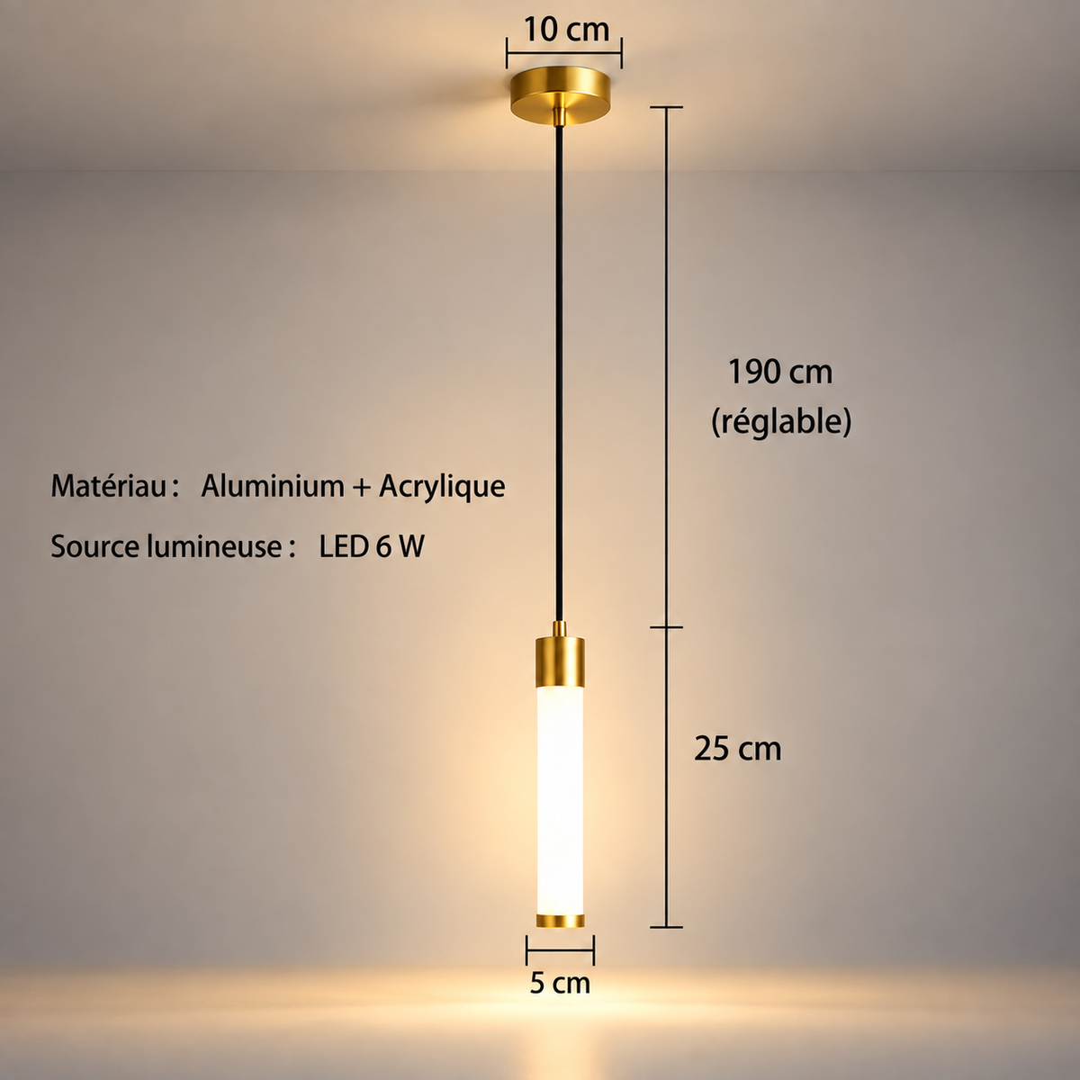 Dimensions de la Bâton Simple dorée : rosace 10 cm, cordon réglable 190 cm, tube 25 x 5 cm | Cocon de Lune